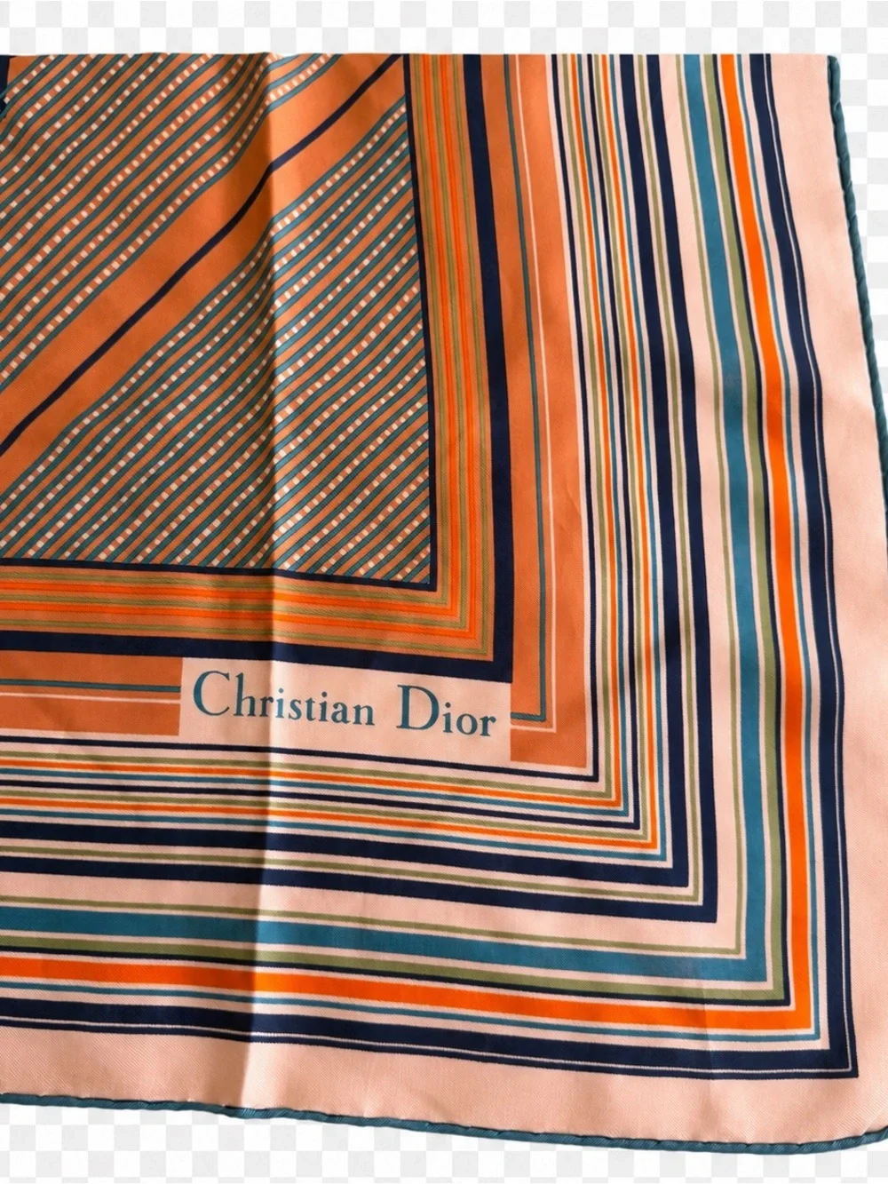 CHRISTIAN DIOR Square silk scarf orange, blue and white stripes graphic print